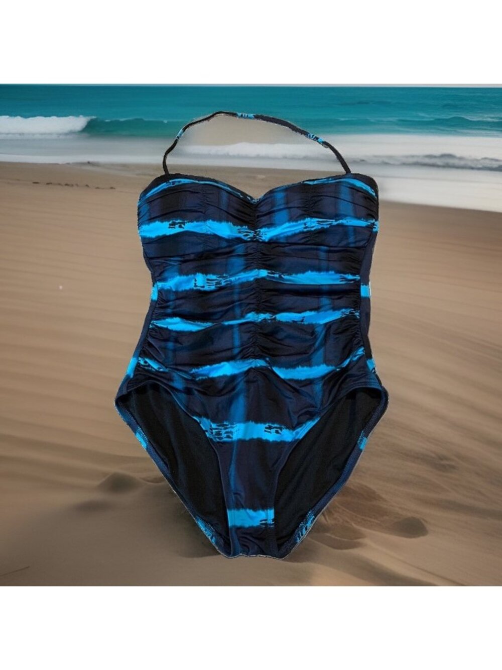 a.n.a. Women’s Ruched One Piece Swimsuit Blue Tie Dye Slimming Convertible Beach